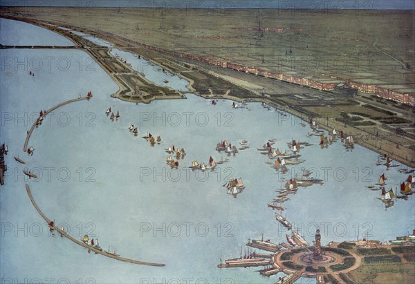 Bird's-eye view at night in Grant Park, the facade of the city, the proposed harbor, and the lagoons of the part on the south shore, 20th Century.  Created by Guerin, Jules, 1866-1946
