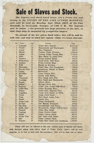 Broadside: Sale of slaves and stock 1852. Artist unidentified