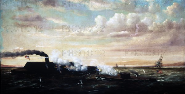 Battle of the Ironclads Monitor and Merrimac, March 9th, 1862.  Created by Torgerson, William