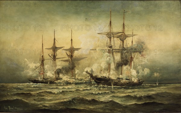 Kearsarge and Alabama off Cherbourg Harbor in France, June 19th, 1864.  Created by Poulsen, Christian