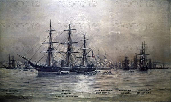 Confederate States Cruiser Shenandoah in the harbor of Melbourne, Australia, 1865.  Created by Poulsen, Christian