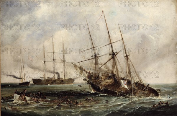 Destruction of the Confederate Steamer Alabama by the U.S. Ironclad Kearsarge, June 19th, 1864.  Created by Hayes, Edwin, 1820-1904