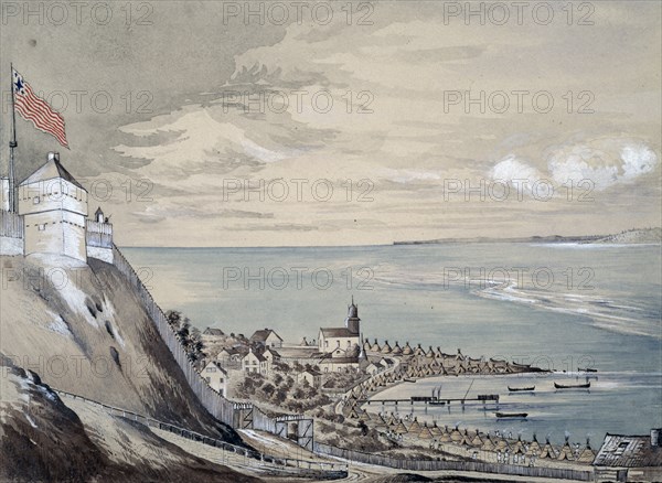Fort and village of Mackinaw, with the Indian encampment, 1842.  Created by Ainslie, Henry Francis