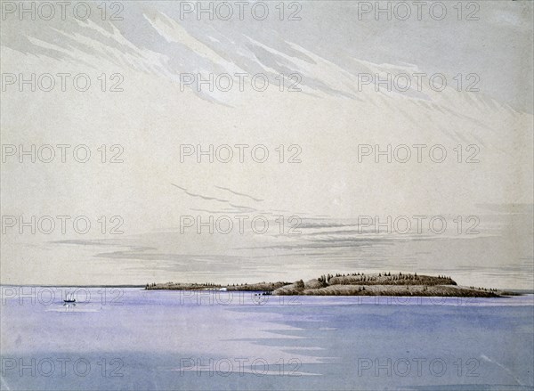 Old Mackinaw, with the French Fort, 1842.  Created by Ainslie, Henry Francis