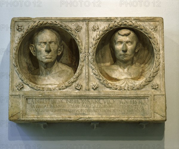 Part of the funerary monument of Lucius Antistius Sarculo, a free born Roman priest of the Salian order and his wife and freedwoman, Antistia Plutia