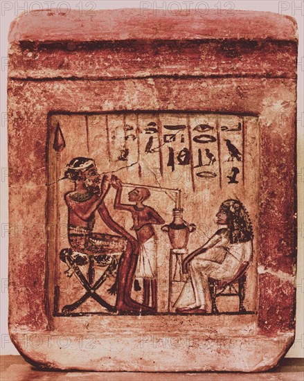 Painted relief depicting a Syrian warrior drinking through a tube from a two handled jar