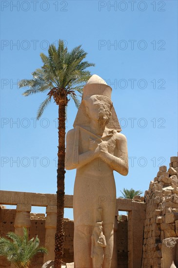 A colossal statue of Ramesses II with a princess, perhaps his daughter Bentanta, standing between his feet