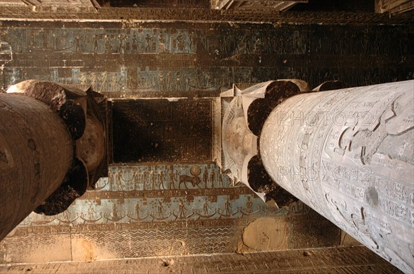 The ceiling inside the Hypostyle Hall of the Temple of Hathor contains vividly painted scenes and hieroglyphic inscriptions relating to astronomy, astrology, cosmology and the zodiac