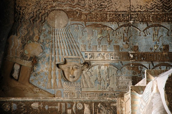 The ceiling inside the Hypostyle Hall of the Temple of Hathor contains vividly painted scenes and hieroglyphic inscriptions relating to astronomy, astrology, cosmology and the zodiac