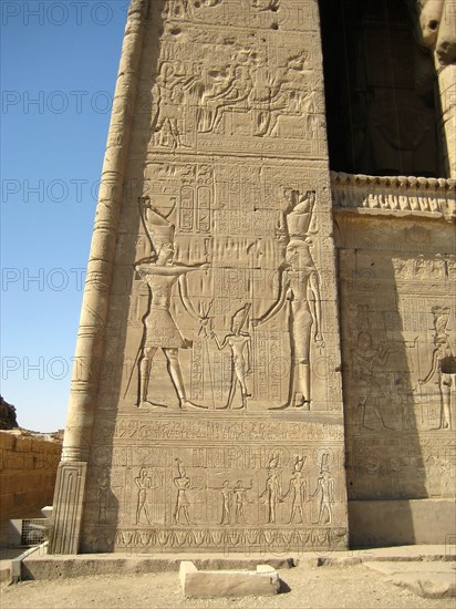 Monumental relief on the left side of the facade of the Temple of Hathor