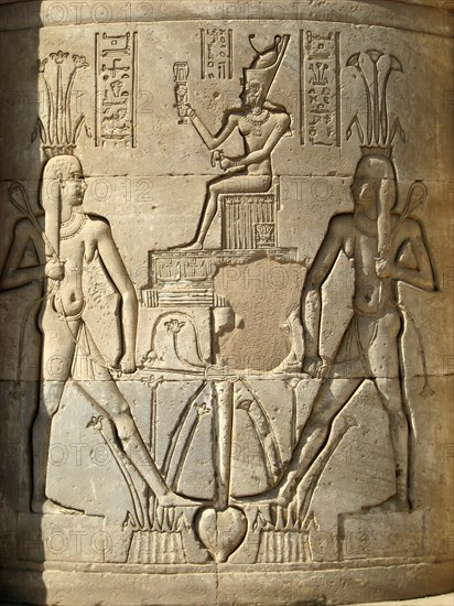 Carved relief on one of the cylindrical columns in the Hall of Appearance with depictions of the god Hapy, deification of the annual Nile floods