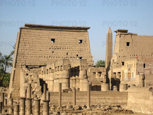 View of the Great Pylon entrance to the Luxor temple and the remains of the Abu el Haggag mosque