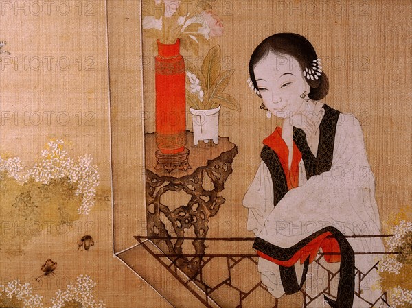 Painting of a woman on a balcony