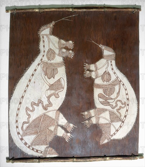 Bark painting in X ray style depicting a pair of anteaters