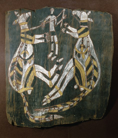 Aboriginal bark painting depicting a hunter with two kangeroos