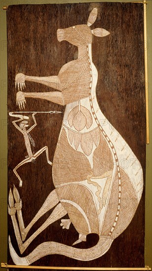 Bark painting in X ray style depicting a kangaroo and a hunter