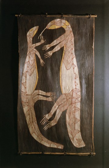 Bark painting in X ray style depicting a pair of lizards