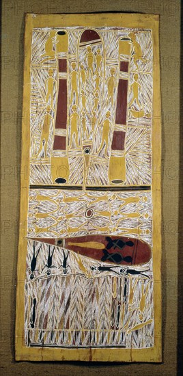 Aboriginal bark painting depicting an episode from clan ancestral mythology