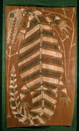 Aboriginal bark painting depicting a crocodile