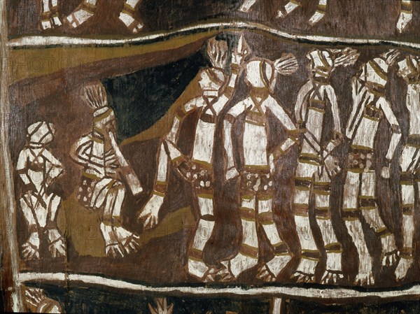 Aboriginal bark painting depicting a ceremony, with musicians and dancing