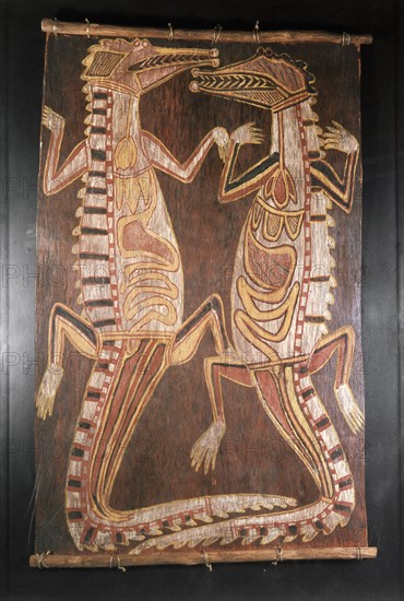 An aboriginal bark painting of two crocodiles which have either been dissected, revealing their lungs, heart and entrails, or which are depicted as shaman might see them, after he has consumed certain hallucinogenic plants