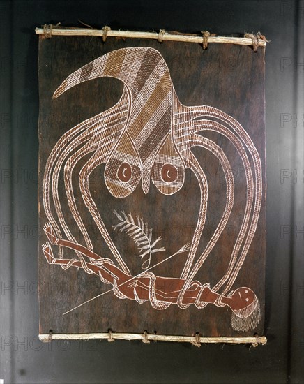 An aboriginal bark painting depicting a fisherman being captured by an octopus