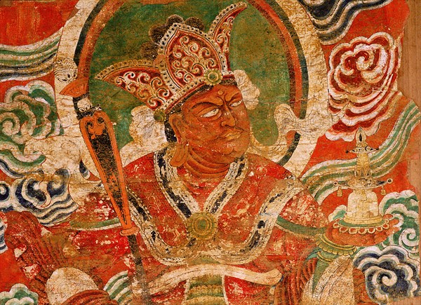 Painting (detail) of the Buddhist guardian king Vaisravana, a late Tang painting said to have come from the temples at Kucha, to the west of Turfan, along the northern route of the Silk Road