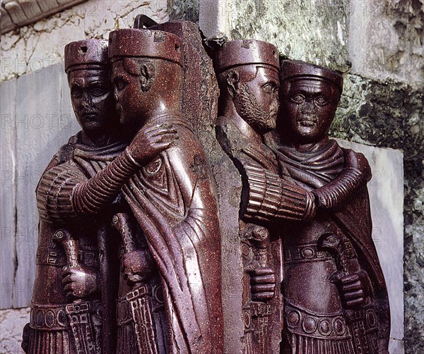 As there was a short period early in the 4th century when there were four emperors ruling simultaneously over the vast but disintegrating Roman Empire, it is usually thought that this group of embracing emperors in St Marks Venice represents the intended harmony of their rule