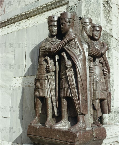 As there was a short period early in the 4th century when there were four emperors ruling similtaneously over the vast but disintegrating Roman Empire, it is usually thought that this group of embracing emperors in St Marks Venice represents the intended harmony of their rule
