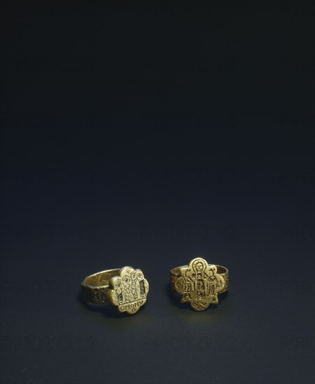 Personal jewellery such as these finger rings were often decorated with secular themes but the existence of many items of jewellery decorated with religious subject matter indicates how interwoven these two aspects of life had become