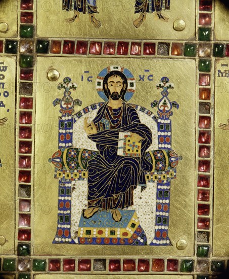 A detail of the outer container of a reliquary of the True Cross, one of the richest and most elaborate ensembles of Byzantine enamels to have survived the sack of Constantinople in 1204