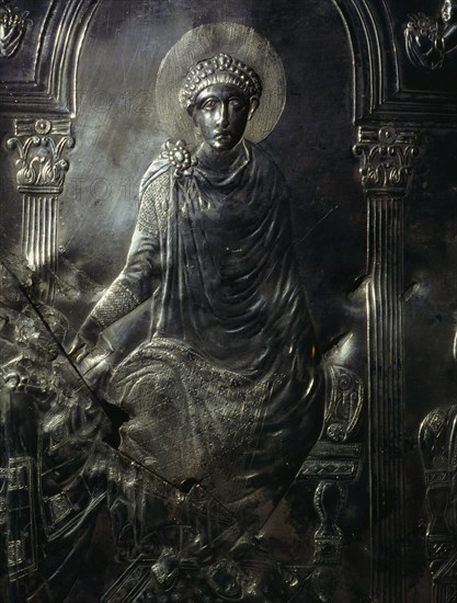 A detail of the Missorium of Theodosius showing Theodosius enthroned