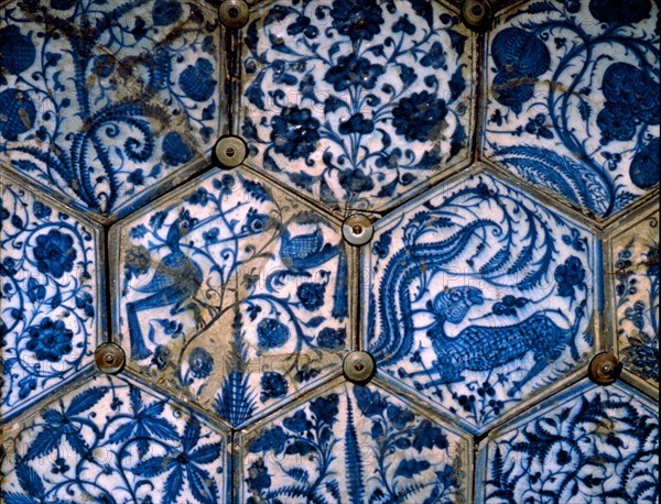 Mismatched Iznik style tiles from a wall panel