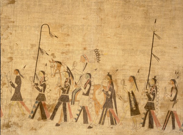 A cloth painting depicting a parade, a Sun Dance ceremony and scenes from daily life