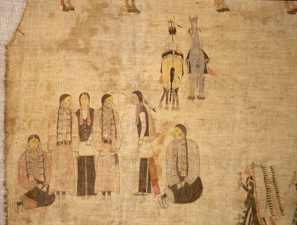 A cloth painting depicting a parade, a Sun Dance ceremony and scenes from daily life