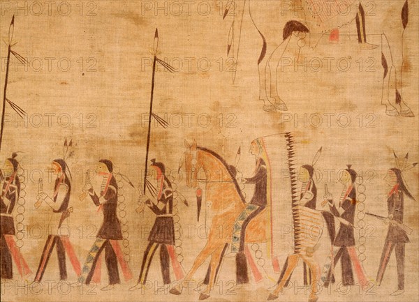 A cloth painting depicting a parade, a Sun Dance ceremony and scenes from daily life