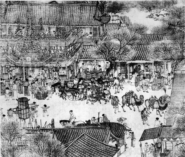 A detail of the scroll called Going Up the River at the Ching Ming Festival, which shows scenes of town and country life possibly in the old capital of Kaifeng