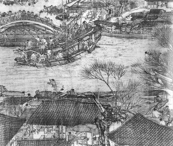A detail of the scroll called Going Up the River at the Qingming (Spring) Festival by Zhang Zeduan, which shows scenes of town and country life possibly in the old capital of Kaifeng