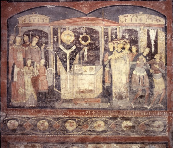 Fresco scene depicting St Clement celebrating Mass in the church of San Clemente