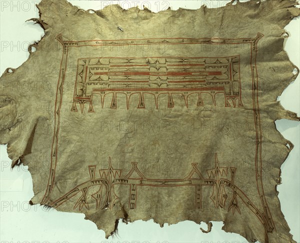 Buffalo robe with the characteristic box and border design of a womans garment