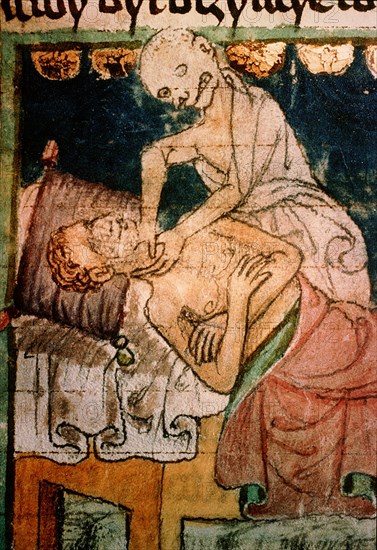 Death strangling a victim of the Black Death plague