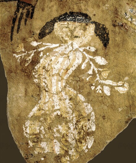 Rare wall painting depicting a woman dancer holding twigs