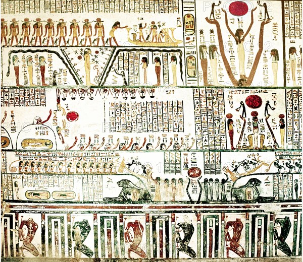 A detail of the painting of the 6th section of the Book of Caverns on the wall of the sarcophagus hall of the tomb of Ramses VI