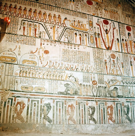 A detail of the painting of the 6th section of the Book of Caverns on the wall of the sarcophagus hall of the tomb of Ramses VI