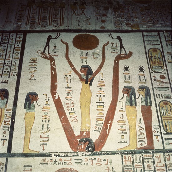 A detail of the painting of the 6th section of the Book of Caverns on the wall of the sarcophagus hall of the tomb of Ramses VI