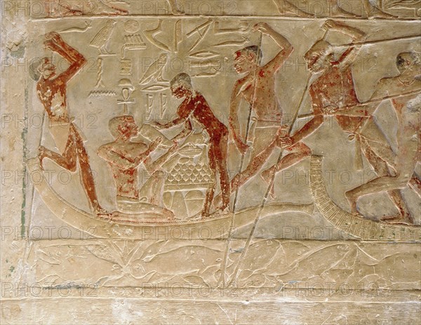 A relief from the tomb of the vizier Ptah hotep at Saqqara of a scene of a crew on papyrus rafts returning from a fowling expedition