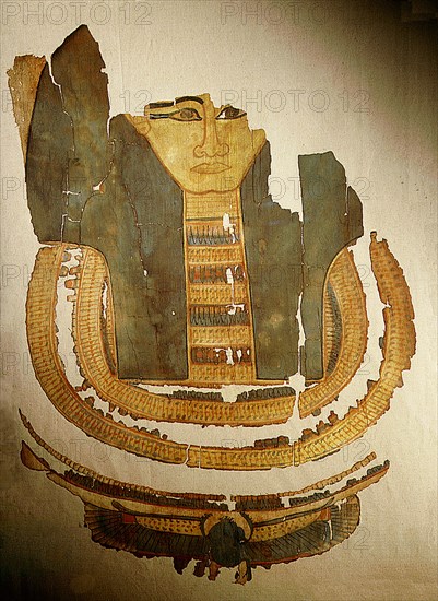 Painted linen mummy shroud depicting a mummy mask, breast plate and a winged scarab below