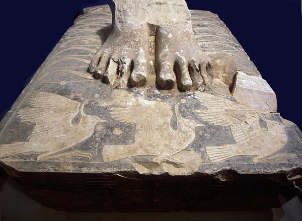 The feet of king Netjerikhet (Zoser of later tradition) resting on the Nine Bows representing Egypts outside enemies, as well as the lapwings symbolising the Egyptian people