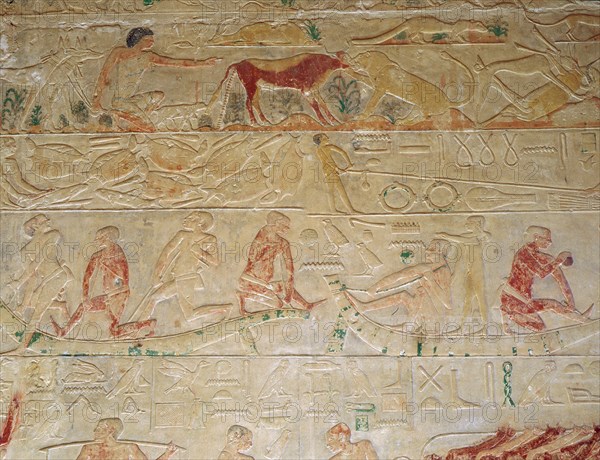A relief from the tomb of the vizier Ptah hotep at Saqqara with scenes depicting the construction of a reed boat