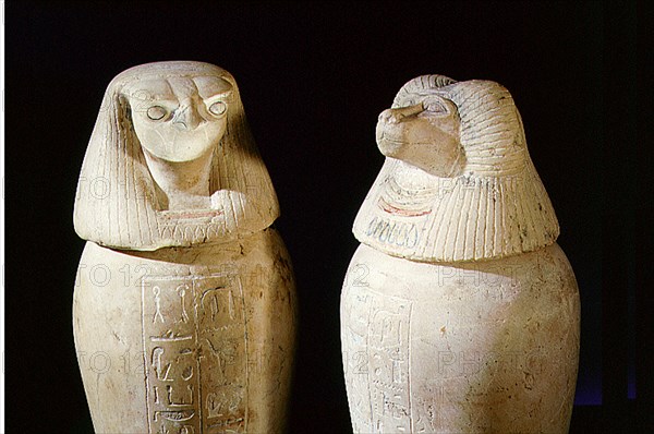 Two of a set of four canopic jars used to preserve the internal organs of Prince Hornakht each in the form of one of the Four Sons of Horus